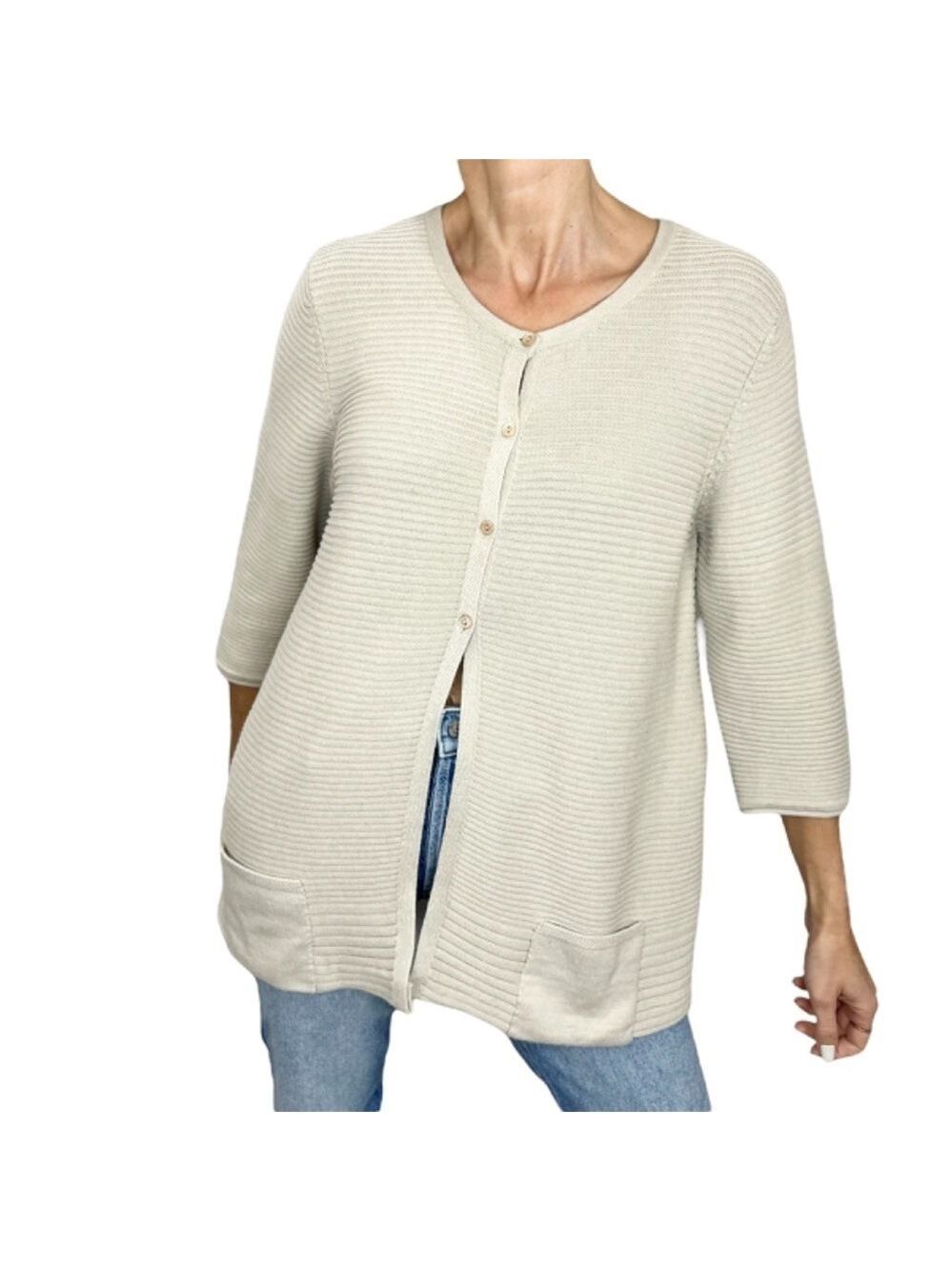 OLSEN cotton blend neutral beige 3/4 sleeve ribbed knit cardigan sweater 12